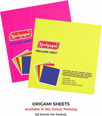NEELGAGAN Origami Paper P-25 70 GSM – 20 Sheets Mix Color (One Side Fluorescent) (6 inch X 6 inch) 70 gsm Origami Paper(Set of 25, Multicolor)