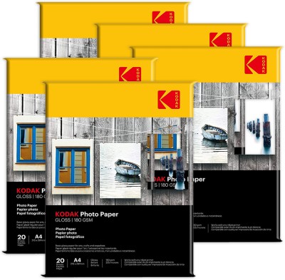 KODAK 180 GSM A4 210x297mm Photo Paper High Glossy 20 Sheets Unruled A4 180 gsm Photo Paper(Set of 5, White)