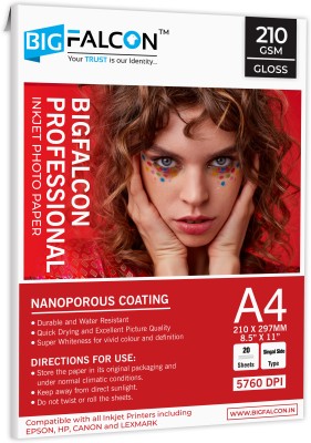 BIGFALCON Professional 210 GSM A4 (8.5X11 Inch) 20 Sheet High Glossy Cast Coated Photo Paper for all Inkjet Printer A4 (210x297mm) 210 gsm Photo Paper(Set of 1, White)