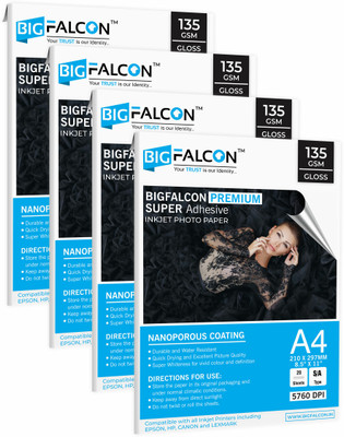 BIGFALCON Premium 135 GSM Super Self-Adhesive High Glossy Inkjet Sticker Photo Paper Unruled A4 (8.5 x 11 inch) 135 gsm Photo Paper(Set of 4, White)