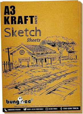 Bungbee A3 Kraft Paper Sheets (180 GSM, Pack of 20 Sheets) for Craft, DIY, Sketch Work Unruled A3 180 gsm A3 Paper(Set of 20, Brown)