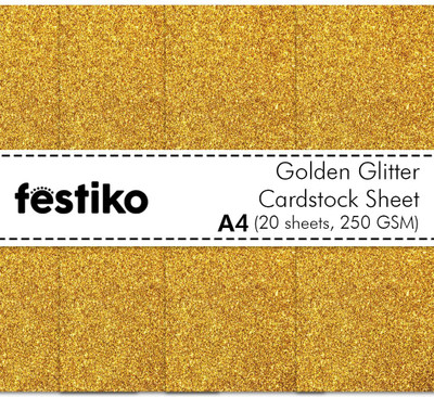 Festiko Gold Glitter Cardstock Sheets Pack of 20 Unruled A4 250 gsm A4 paper(Set of 1, Gold)