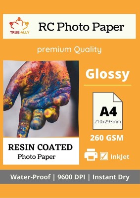 True-Ally Premium A4 260 GSM RC (Resin Coated) Water Proof Instant Dry Luster Glossy Inkjet Photo Paper A4 (210 x297 mm) (A4-50 Sheets) Unruled A4 260 gsm Photo Paper(Set of 1, White)