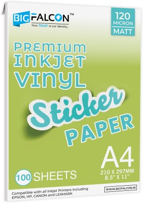 BIGFALCON Premium A4 (8.5x11 inch) Size 100 Sheets Matte Vinyl Sticker Paper 120 Micon Self Adhesive Photo Paper for Inkjet printer A4 (210x297mm) 120 gsm Inkjet Paper(Set of 1, White)