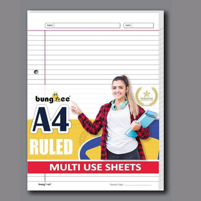 Bungbee A4 Ruled Sheets and Magenta Margin-Compass Edition for Assignment, Project Work Both Sides Ruled A4 90 gsm A4 paper(Set of 160, Natural White)