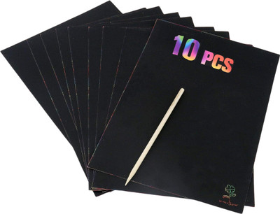 R H lifestyle A4 Size DIY 10 Sheet Magic Rainbow Scratch Art Paper Cards Scraping Drawing with Stick Unruled Plain 29 X 21 Cm 50 gsm Drawing Paper(Set of 1, Black)
