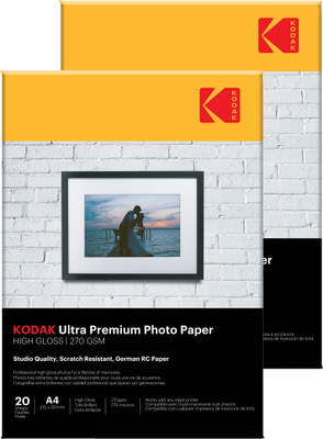 KODAK Glossy Photo Paper (1 x 20 Sheets) A4 270 gsm Inkjet Paper(Set of 2, White)