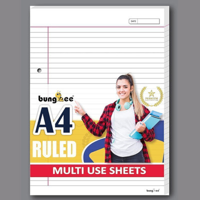 Bungbee A4 Ruled Sheets and Magenta Margin-Magna Edition for Assignment, Project Work Both Sides Ruled A4 90 gsm A4 paper(Set of 80, Natural White)