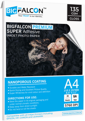 BIGFALCON Premium 135 GSM Super Self-Adhesive High Glossy Inkjet Sticker Photo Paper Unruled A4 (8.5 x 11 inch) 135 gsm Photo Paper(Set of 1, White)