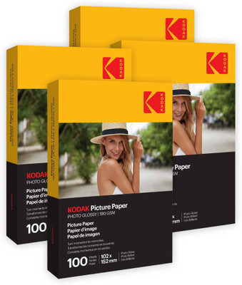 KODAK 190 GSM 4R 400 Sheets High Glossy Cast Coated Water Resistant Photo Paper unruled 4R (4X6 inch) 190 gsm Photo Paper(Set of 4, White)