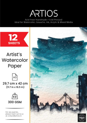 ARTIOS Artists' Watercolour Paper (A3 12 Sheets) Rough Handmade for Water colour, Acrylic, Gouache, Ink & Mixed Media A3 300 gsm Watercolor Paper(Set of 1, White)