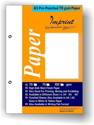 IMPRINT A5 Copier Pre Punched Paper Pack of 500 Sheets unruled A5 70 gsm A4 paper(Set of 1, White)