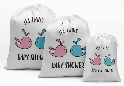 Darling Souvenir White Twins Baby Shower Party Supplies Drawstring Pouches Favor Bags 15 Pieces Pouch