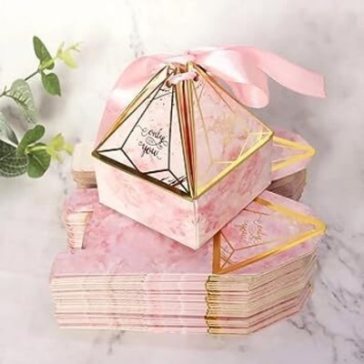 Satyam Kraft Decorative Folding Box- Return Gift,Birthday,Rakshabandhan Gift Box with Ribbon Printed Party Box(Pink, Pack of 20)