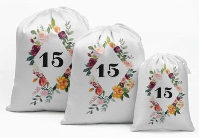 Darling Souvenir White Floral Quinceanera Party Supplies Drawstring Pouches Favor Bags 15 Pieces Pouch