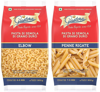 Gustora Durum Wheat Semolina Elbow & Penne Rigate Pasta Combo Elbow Macaroni Pasta(Pack of 2, 1 kg)