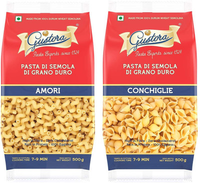 Gustora Durum Wheat Semolina Pasta Combo I Eggless I Rich in Fibre & Protein Amori & Shell Pasta(Pack of 2, 1000 g)