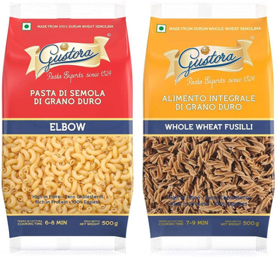 Gustora Durum Wheat Semolina Elbow & Whole Wheat Fusilli Pasta Combo Elbow Macaroni Pasta(Pack of 2, 1 kg)