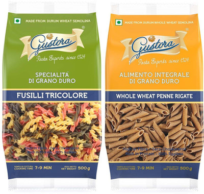 Gustora Durum Wheat Semolina Fusilli Tricolore & Whole Wheat Penne Pasta Combo Fusilli Pasta(Pack of 2, 1 kg)