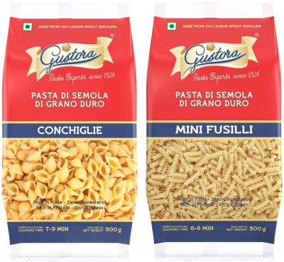 Gustora Durum Wheat Semolina Pasta Combo I Eggless I Fibre & Protein Rich I Conchiglie & Fusilli Pasta(Pack of 2, 1000 g)