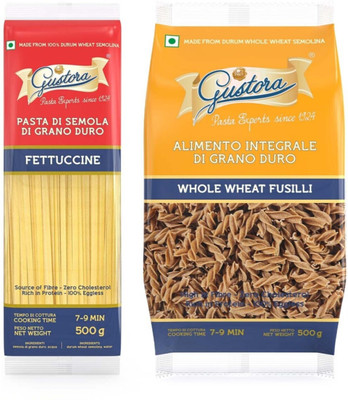 Gustora Durum Wheat Semolina Fettuccine & Whole Wheat Fusilli Pasta(Pack of 2, 1 kg)