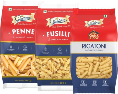 Gustora Durum Wheat Semolina Pasta Combo I Vegetarian I Rich in Fibre & Protein Penne, Fusilli, Rigatoni Pasta(Pack of 3, 600 g)