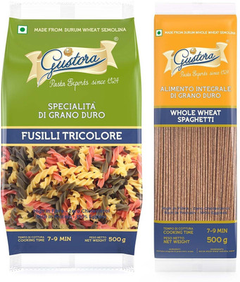 Gustora Durum Wheat Semolina Fusilli Tricolore & Whole Wheat Spaghetti Pasta Combo Fusilli Pasta(Pack of 2, 1 kg)