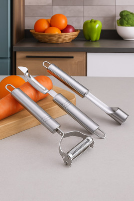 XEAMUSY Vegetable Peeler Set, Apple Corer, Julienne Slicer, Meat Cutter & Shredder Straight, Y Shaped Peeler Set(Steel Pack of 3)