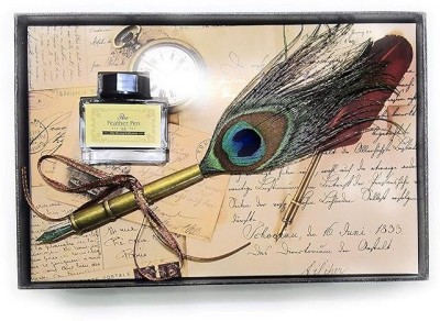 KRAFTMASTERS Retro Feather Dip Pen Ink with Extra (Peacock Feather Brass) Calligraphy(with Extra 5PCs Metal Nibs Calligraphy Black)