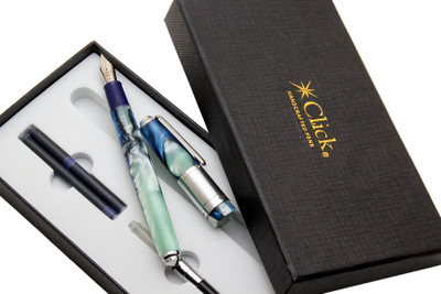 Ledos Click Retro Marble Color Acrylic Body Chrome Trims MARBLE GREEN & BLUE Flex Nib Fountain Pen(Ink Color - Converter System)