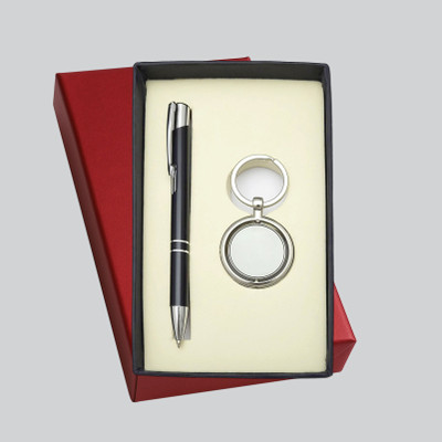UJJi Click Black Pen with Revolving Round Shape Metal Kechain and Pen Gift Set(Pack of 2, Ink Color - Blue)