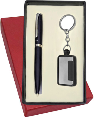 UJJi Matte Black Chrome Clip Twist Mechanism Pen with Keychain Pen Gift Set(Pack of 2, Ink Color - Blue )