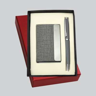 UJJi 2in1 Gift Combo with Grey Metal Pen with PU Leather Card Holder Ball Pen(Pack of 2, Ink Color - Blue)