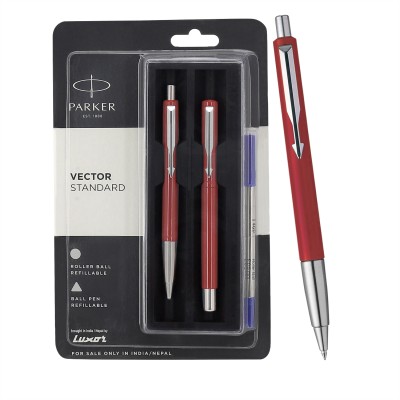 PARKER Vector Standard, Roller Ball Pen & Ball Pen, Chrome Trim, Red Body Colour Ball Pen(Pack of 2, Ink Color - Blue)