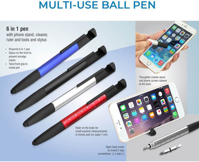 UJJi 6X1 Multi Use Black Colour Metal Engineering Multi-function Pen(Ink Color - Blue)
