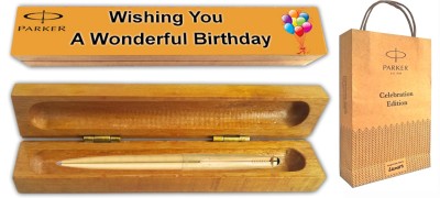 PARKER GALAXY GOLD BALL PEN GOLD TRIM With Wooden Birthday Wishing Gift Box & Gift Bag Ball Pen(Blue)