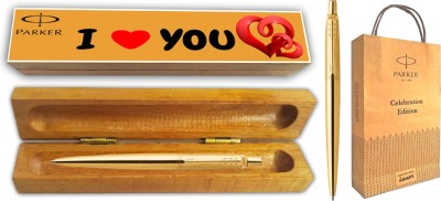 PARKER JOTTER LONDON GOLD GT BP With Wooden I Love You Wishing Gift Box and Gift Bag Ball Pen(Blue)