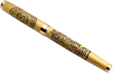 Ledos Lord Shri Ganesh Ji & Om Special Edition Golden Arrow Clip Roller Ball Pen(Ink Color - Blue Refill)