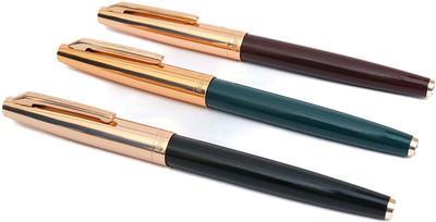 Gold Leaf Hero Pen 336 Original Fountain Ink Pen Iridium Tipped Fine Nib Gold Cap Fountain Pen(Pack of 3, Ink Color - Blue)
