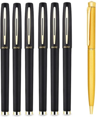 Baoke 6 Black Gel Pens 1.0mm+FREE Roller Ball Blue Ink Pen Gold Finish Gel Pen(Pack of 7, Ink Color - Black)