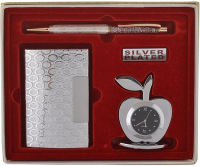 INTERNATIONAL GIFT Silver Plated Pen, Card Holder & Apple Shape Watch ( 3 In 1 Set ) | For Gift Ball Pen(Pack of 4, Ink Color - Blue)