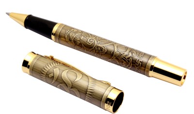 Ledos Levin 102 Lord Ganesh Ji & Om Engraved On Vintage Look Golden Trims Roller Ball Pen(Blue)
