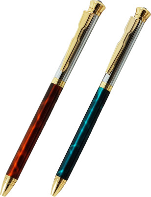 auteur Slim Body Blue & Brown Color Marble Finish Blue Ink Ruby on Cap Gift Collection Pen Gift Set(Pack of 2, Ink Color - Blue)