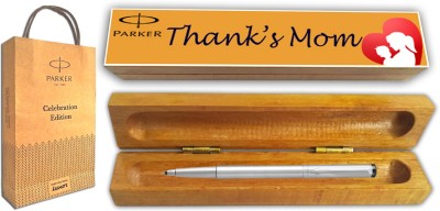 PARKER VECTOR STAINLESS STEEL CT RB With Wooden Thank's Mom Wishing Gift Box & Gift Bag Roller Ball Pen(Blue)