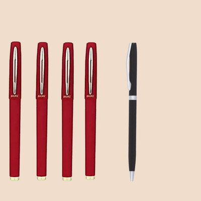 Baoke 0.7mm Red Gel ink Roller Ball pen fine point + Free1 Black & Silver Finish Pen Gel Pen(Pack of 5, Ink Color - Red)