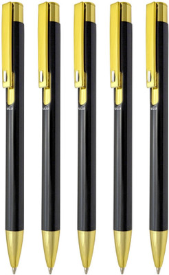 UJJi Shiny Gloss Finish Black Colour with Gold Part Metal Pack of 5 Ball Pen(Pack of 5, Ink Color - Blue)