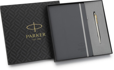 PARKER Gift Set | Note Book with Jotter Stainless Steel Gold Trim | Ball Pen(Pack of 2, Ink Color - Blue)