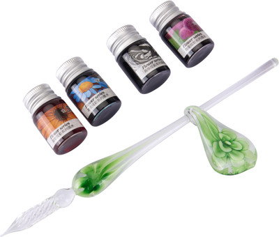 Gold Leaf Glass pen Flower green-01 Glass Dip Pen Glass Signature Pen Glass Elegant Crystal Dip Sign Gift Pen Set (with Bottled Dip Glass Pen Ink) Calligraphy(Ink Color - Black)