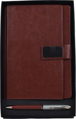BLISSWELL A5 PU Leather Journal Diary with Premium Metal Ball Pen Gift Set(Brown)