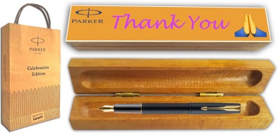 PARKER FRONTIER MATTE BLACK GT FP With Wooden Thank You Wishing Gift Box and Gift Bag Fountain Pen(Blue)